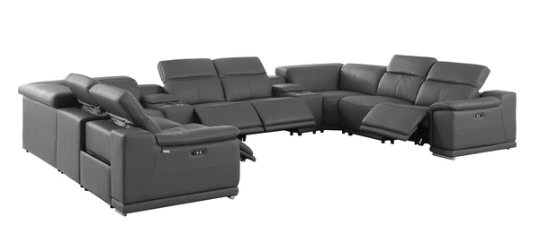 Global United- 9762 DivanItalia Dark Gray 12-Piece Sectional Italian Leather with 4 Power Recliners and 4 Consoles