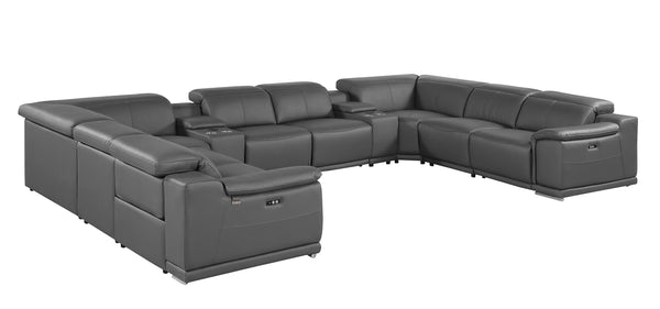 Global United- 9762 DivanItalia Dark Gray 12-Piece Sectional Italian Leather with 4 Power Recliners and 4 Consoles