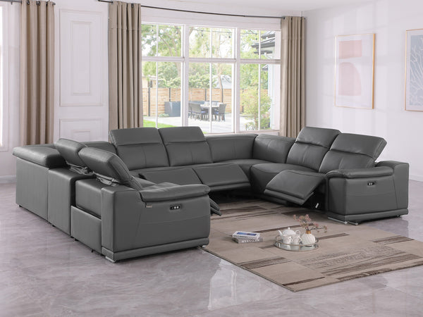 Global United 9762 - Dark Grey- 8-Piece No-Console 4-Power Reclining Italian Leather Sectional