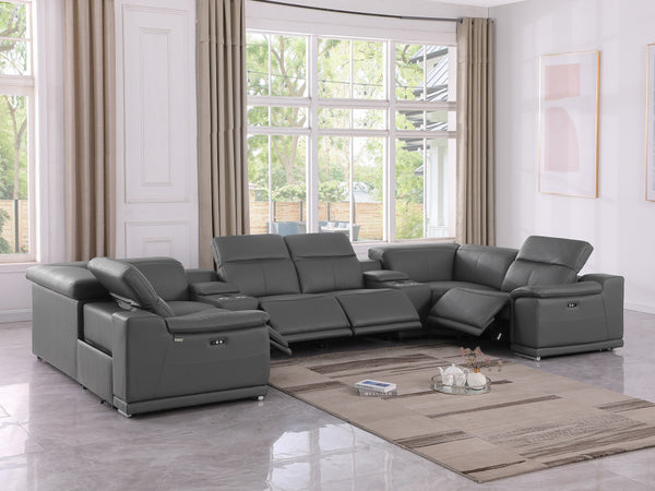 Global United -9762 DivanItalia Dark Gray 8-Piece Sectional Italian Leather with 4 Power Recliners and 2 Consoles