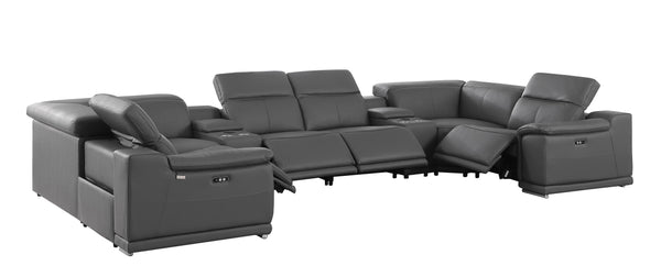 Global United -9762 DivanItalia Dark Gray 8-Piece Sectional Italian Leather with 4 Power Recliners and 2 Consoles