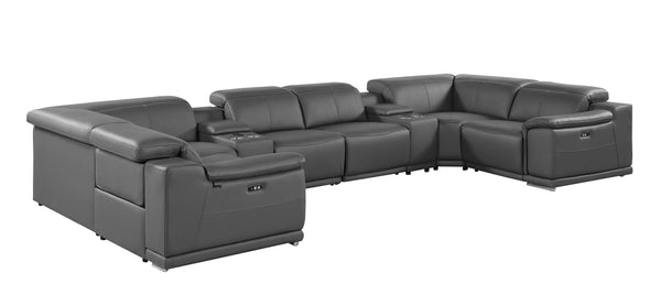 Global United -9762 DivanItalia Dark Gray 8-Piece Sectional Italian Leather with 4 Power Recliners and 2 Consoles