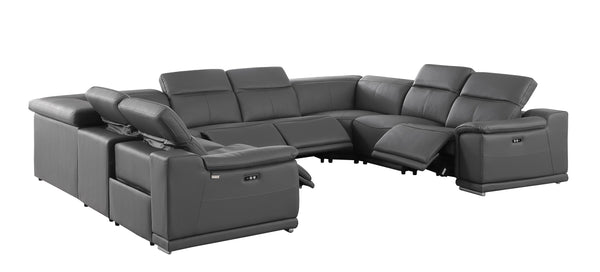 Global United 9762 - Dark Grey- 8-Piece No-Console 4-Power Reclining Italian Leather Sectional