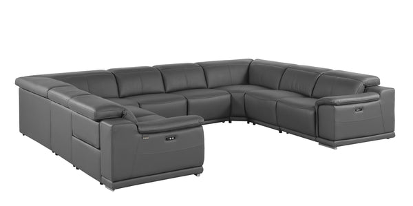 Global United 9762 - Dark Grey- 8-Piece No-Console 4-Power Reclining Italian Leather Sectional