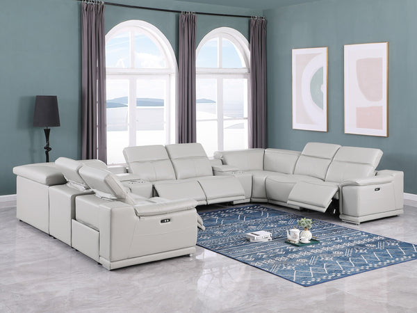 Global United -9762 Light Grey 10-Piece 4-Power Reclining and 2 Consoles Italian Leather Sectional