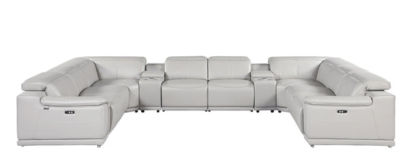 Global United -9762 Light Grey 10-Piece 4-Power Reclining and 2 Consoles Italian Leather Sectional