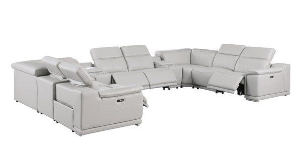 Global United -9762 Light Grey 10-Piece 4-Power Reclining and 2 Consoles Italian Leather Sectional