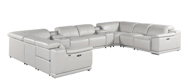 Global United -9762 Light Grey 10-Piece 4-Power Reclining and 2 Consoles Italian Leather Sectional