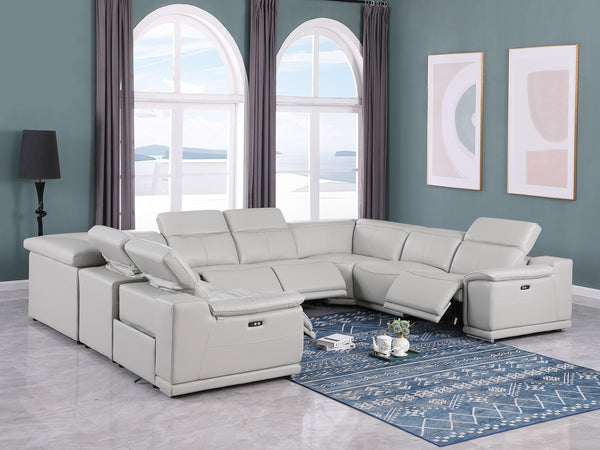 Global United -9762 Light Grey 8-Piece No-Console 4-Power Reclining Italian Leather Sectional