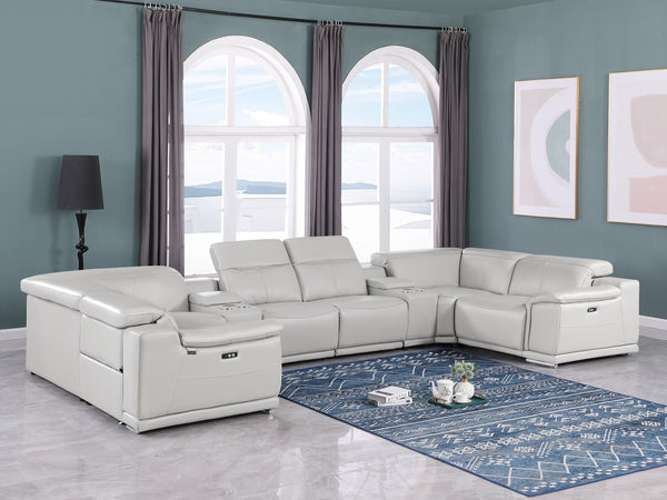 Global United -9762 Light Grey 8-Piece 4-Power Reclining and 2 Consoles Italian Leather Sectional