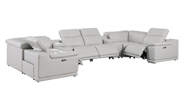 Global United -9762 Light Grey 8-Piece 4-Power Reclining and 2 Consoles Italian Leather Sectional