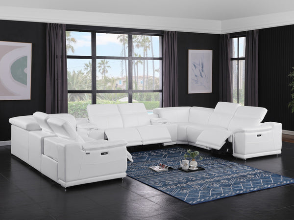 Global United -9762 White Italian Leather Sectional 10-Piece 4-Power Reclining and 2 Consoles