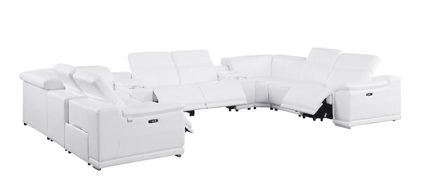 Global United -9762 White Italian Leather Sectional 10-Piece 4-Power Reclining and 2 Consoles