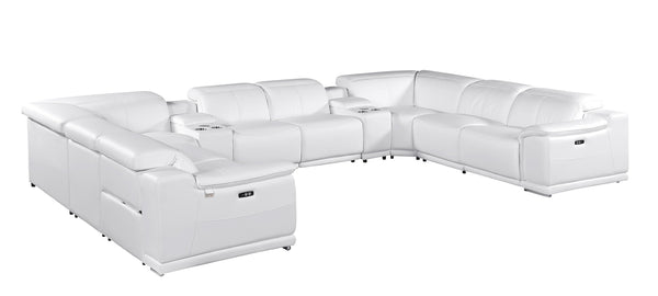 Global United -9762 White Italian Leather Sectional 10-Piece 4-Power Reclining and 2 Consoles