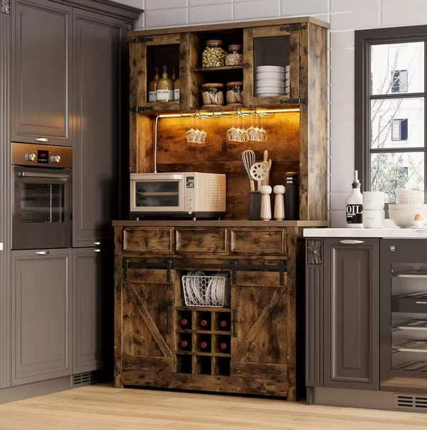 72" Coffee Bar Cabinet with Sliding Barn Door (LED)