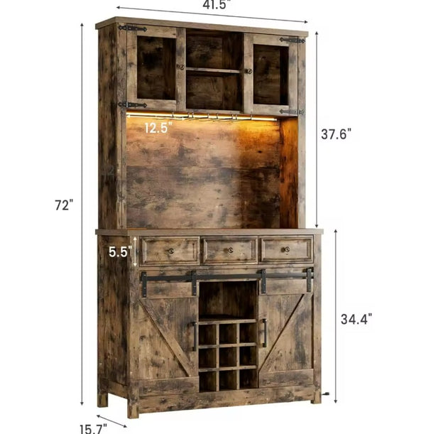 72" Coffee Bar Cabinet with Sliding Barn Door (LED)