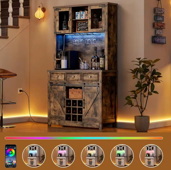 72" Coffee Bar Cabinet with Sliding Barn Door (LED)