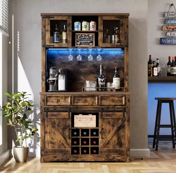 72" Coffee Bar Cabinet with Sliding Barn Door (LED)