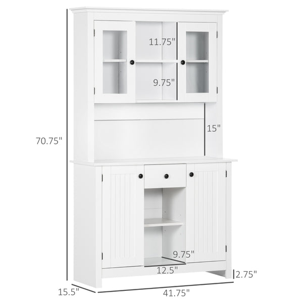 Classic Farmhouse Kitchen Pantry Cabinet with Hutch in White
