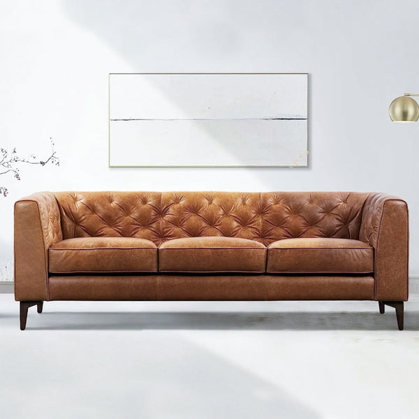 Vintage Elegance: Premium Grain Leather Couch – Cognac Tan