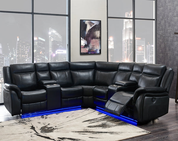 Black L Shaped Leather Power Reclining Sectional LED