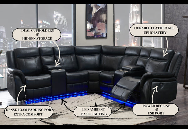 Black L Shaped Leather Power Reclining Sectional LED