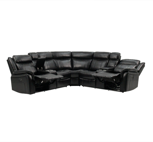 Black L Shaped Leather Power Reclining Sectional LED