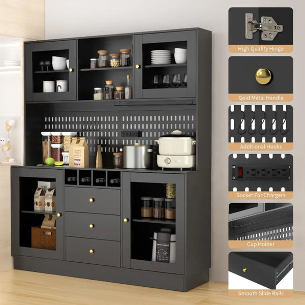 63" Kitchen Pantry Cabinet with Hutch