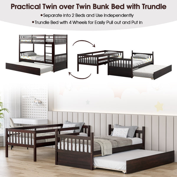 Twin Over Twin Bunk Bed with Ladder and Pull-out Trundle