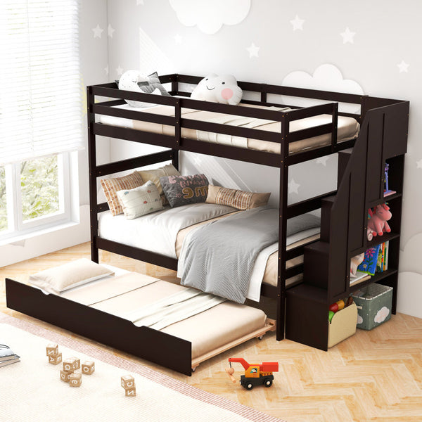 Space-Saving Triple Bunk Bed with Trundle and Storage Stairs