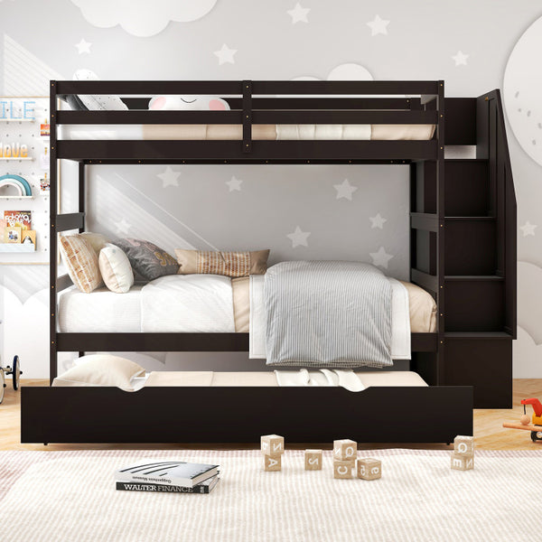 Space-Saving Triple Bunk Bed with Trundle and Storage Stairs