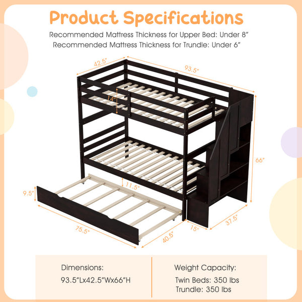 Space-Saving Triple Bunk Bed with Trundle and Storage Stairs