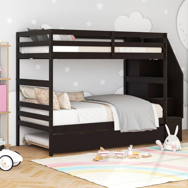 Space-Saving Triple Bunk Bed with Trundle and Storage Stairs