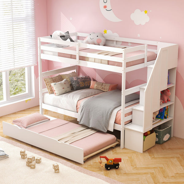 Space-Saving Triple Bunk Bed with Trundle and Storage Stairs