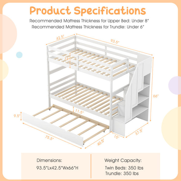 Space-Saving Triple Bunk Bed with Trundle and Storage Stairs