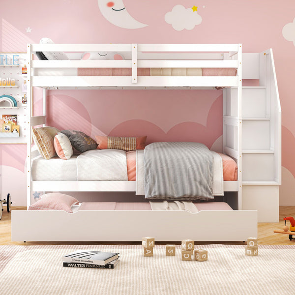 Space-Saving Triple Bunk Bed with Trundle and Storage Stairs