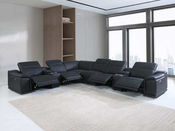 Global United 9762 DivanItalia Black L Shaped Sectional – Top Grain Italian Leather with 4 Power Recliners and 2 Consoles