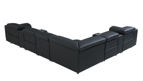 Global United 9762 DivanItalia Black L Shaped Sectional – Top Grain Italian Leather with 4 Power Recliners and 2 Consoles